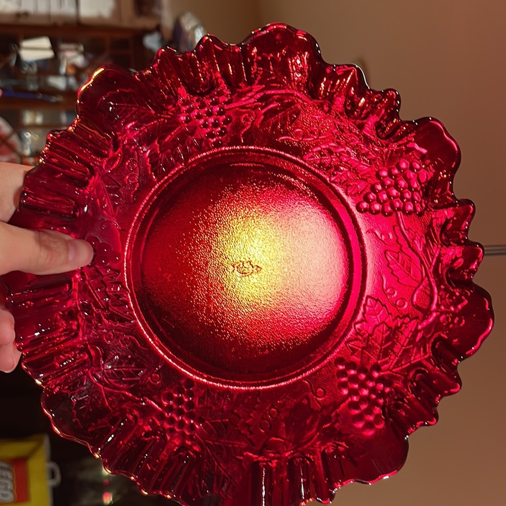 Vintage Glass Red Cranberry Orange Amber Candy Dish Bowl